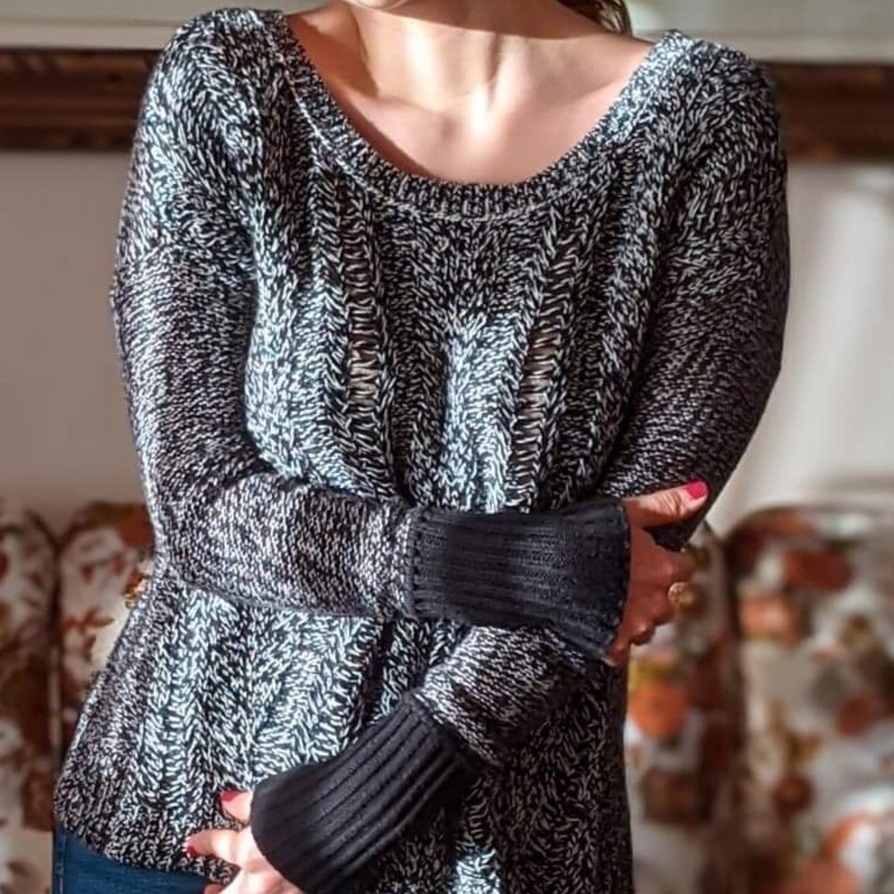Black and grey knit scoop neck sweater